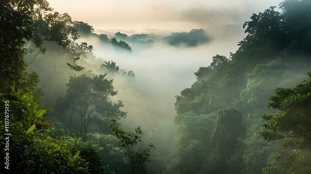 Misty Tropical Rainforest at Dawn with Dense Green Foliage and Soft Light Filtering Through Fog in a Serene, Mystical Atmosphere Misty Tropical Rainforest at Dawn with Dense Green Foliage and Soft Light Filtering Through Fog in a Serene, Mystical Atmosphere