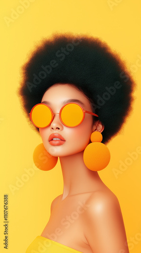 A fashionable animated woman with bold orange accessories, including oversized earrings, sunglasses, and a strapless top, set against a bright yellow background.