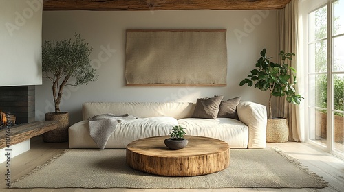 Wallpaper Mural Cozy Minimalist Living Room with White Walls, Wooden Furniture, Cream Sofa, Large Wall Art, Warm Lighting, and Natural Textures for a Welcoming Atmosphere Torontodigital.ca