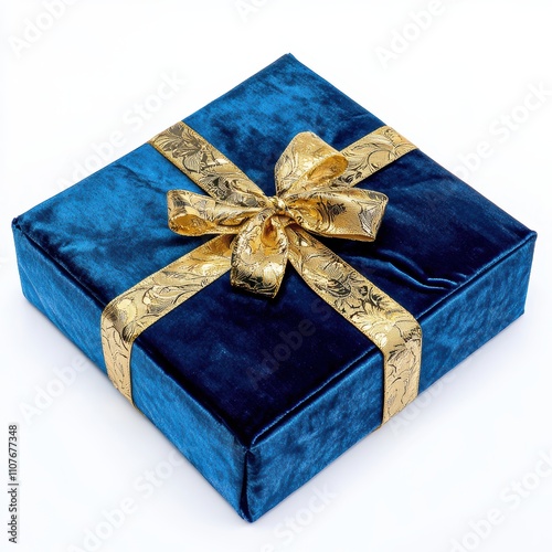 A luxurious blue gift box with a golden ribbon and bow, perfect for special occasions, isolated on white background for di-cut photo