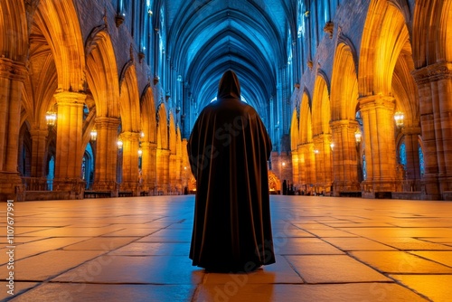 A dark gothic scene of a bystander cloaked in shadows, observing a mysterious ritual in an ancient cathedral photo