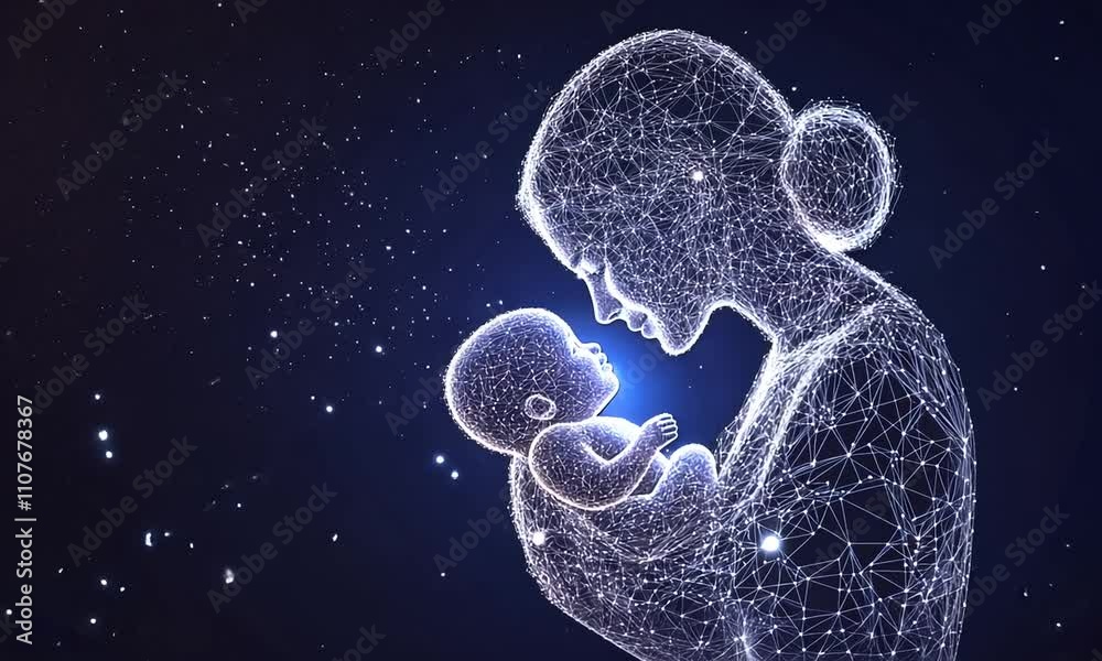 mother baby family blue dark lines low poly wireframe ai generated video
