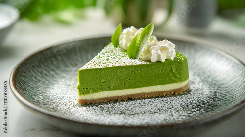 Taste the Unique Flavor of a Matcha Cheesecake Garnished with White Chocolate Curls on a Modern Plate photo