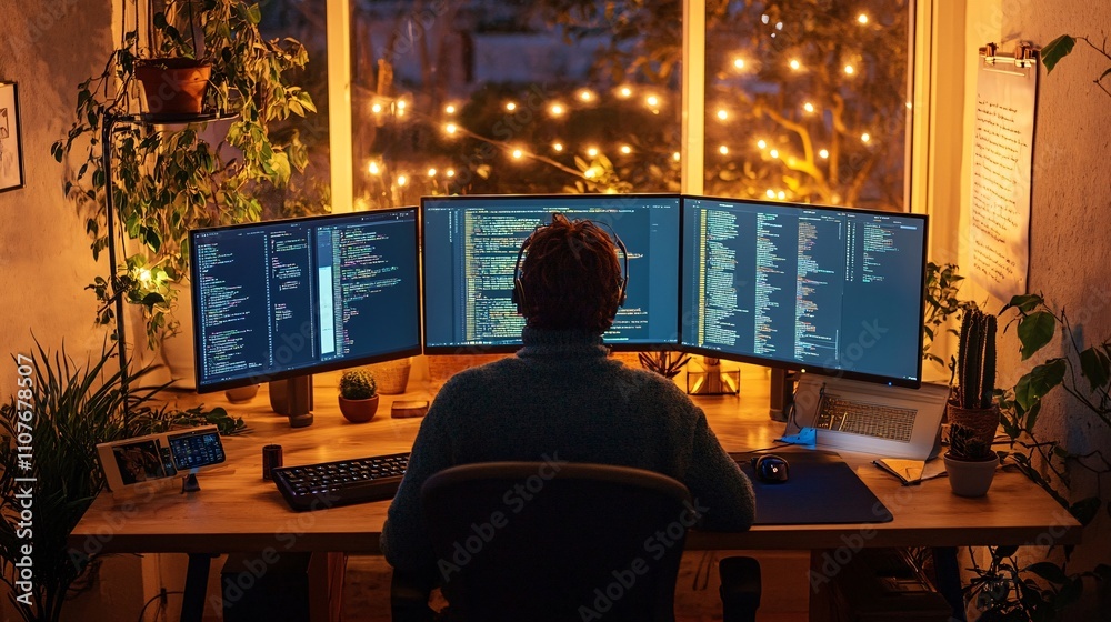 Fototapeta premium Person working from a home office space with dual monitors and productivity tools highlighting the benefits of teleworking