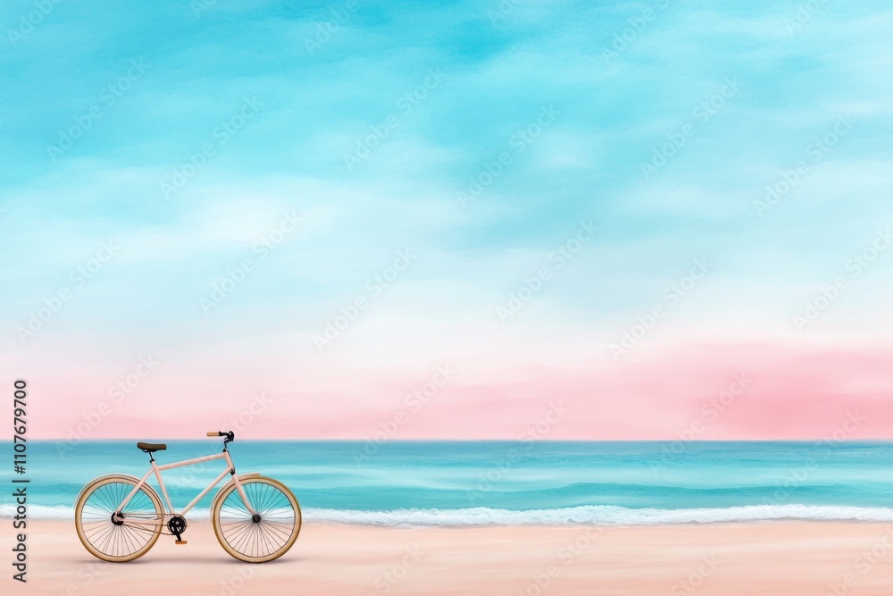 Fototapeta premium A dreamy watercolor scene of a bicycle parked by the beach, with pastel tones blending the waves, sand, and sky