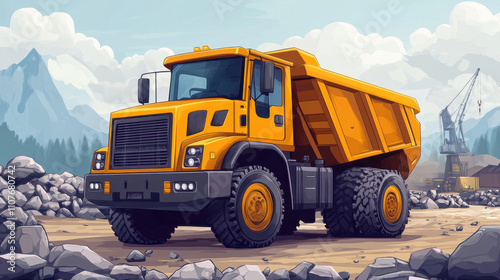 Construction truck. A bright yellow dump truck is positioned on a construction site surrounded by rocks and mountains, showcasing heavy machinery in an outdoor setting. photo