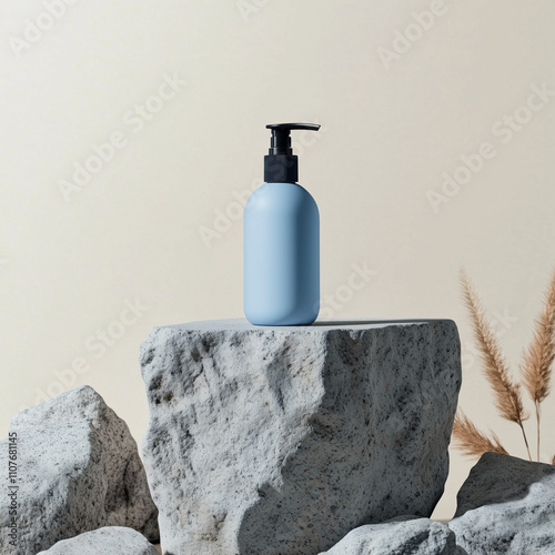 mockup brown liquid soap pump bottle on stone podium, cream background, Ai generated images