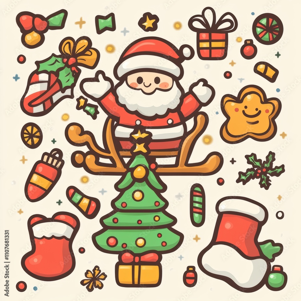 colorful christmas design with cute santa and sleigh with presents, and cute kawaii style christmas tree, and stockings, and gingerbread man 