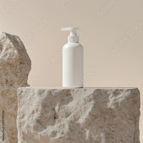 mockup white liquid soap pump bottle on stone podium, cream background, Ai generated images