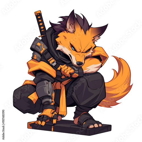 Orange fox ninja crouched, katana. photo