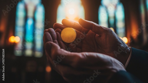 Priest holding consecrated host during communion in church photo