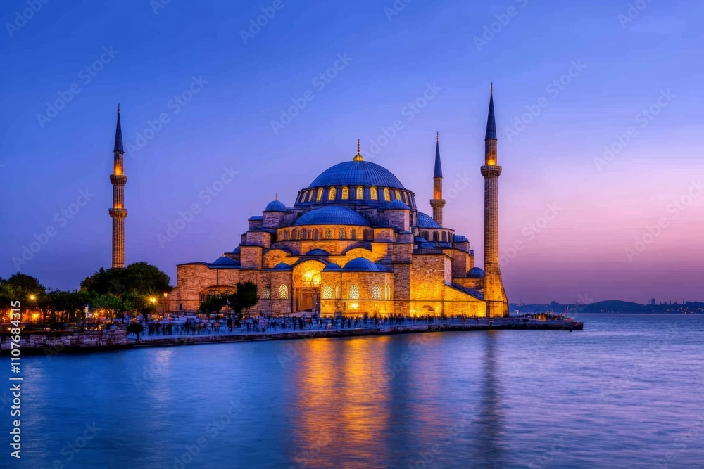 Obraz premium A majestic Byzantine cityscape at sunset, with domes and towers glowing in golden light