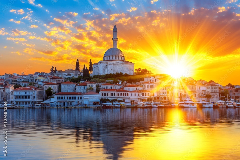 Obraz premium A majestic Byzantine cityscape at sunset, with domes and towers glowing in golden light