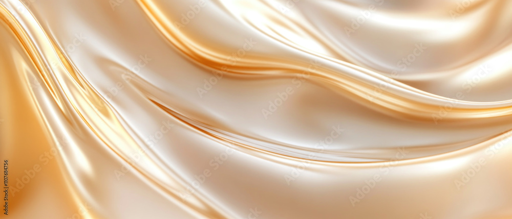 Fototapeta premium Smooth waves of golden and pearl white silk create an elegant abstract background with flowing curves and soft folds. Generative AI.