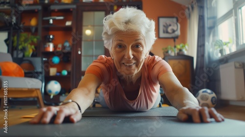 Happy mature woman practicing yoga, streting in her living room, promoting healthy lifestyle and wellness in old age photo