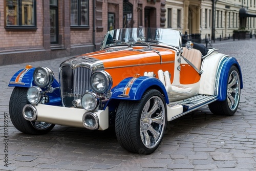 A photo of a retro car with chrome detailing parked on a cobblestone street photo