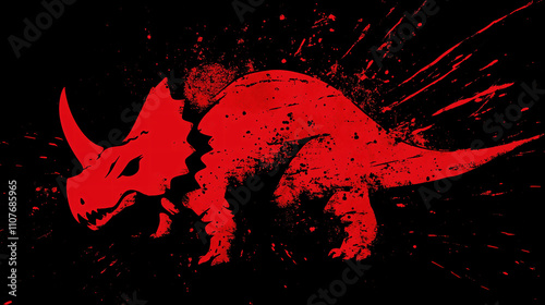 An impactful illustration of a red dinosaur, reminiscent of a triceratops, set against a black background with a splatter effect photo