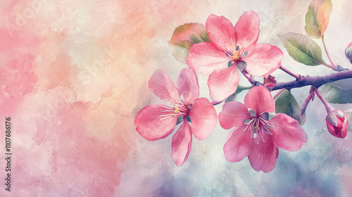 Delicate pink flowers bloom against soft pastel background, creating serene and tranquil atmosphere. watercolor effect enhances beauty of nature elegance