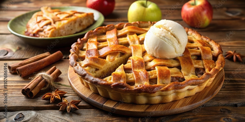 Fototapeta premium A classic apple pie with a scoop of vanilla ice cream, cinnamon sticks, and star anise on a wooden table