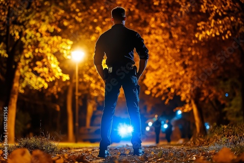 A realistic shot of a bystander standing under a streetlamp at night, watching an unfolding police investigation photo