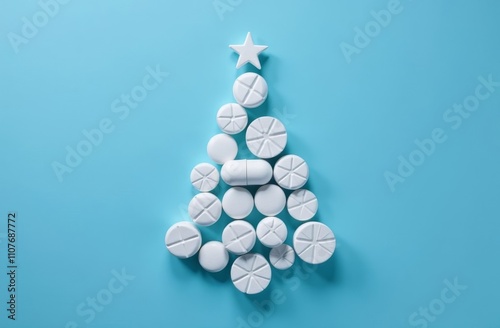 A creative and minimalist concept featuring white pills arranged in the shape of a Christmas tree