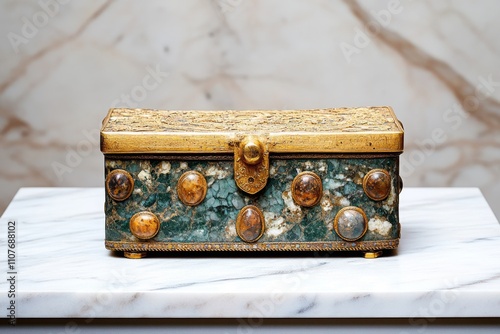 A richly decorated Byzantine reliquary with precious stones and gold filigree, placed on a marble altar photo