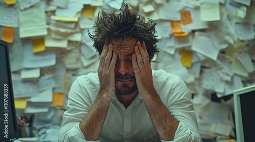 Wallpaper Mural A man holding his face in his hands, sitting in front of a computer screen, surrounded by papers and empty coffee cups, expressing stress and burnout A relatable representation of stress, anxiety, and Torontodigital.ca