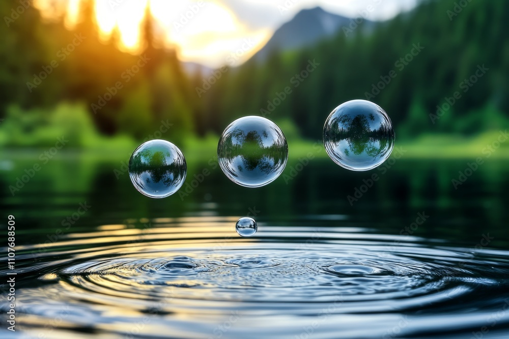 custom made wallpaper toronto digitalA serene image of bubbles floating over a forest pond at dawn, with mist rising in the background