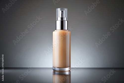 Creamy Beige Cosmetic Pump Bottle on a Light Gray Background for Elegant Beauty Product Photography, Ideal for Skincare and Cosmetic Branding, and Marketing Visuals