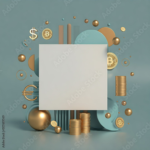 Geometric shapes in pastel: minimalism with square, circle, triangle, sphere and cylinder - a composition of gold, coins, dollars, euros and bitcoin