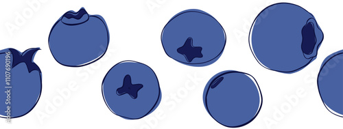 Ripe blueberry falling fruit horizontal seamless border. Vector illustration in graphic outline style card design of food packaging juice breakfast, cosmetics, tea, detox diet