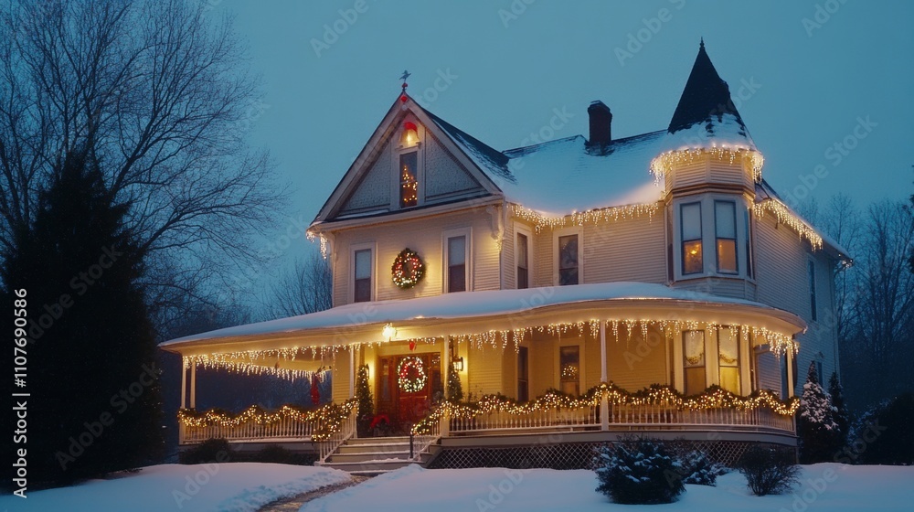 Obraz premium Elegant Victorian home covered in fresh snow, adorned with twinkling Christmas lights, golden garlands on the wraparound porch, and a festive wreath with red ribbons on the front door