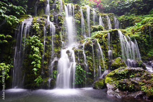Banyu Wana Amertha Waterfall view. Natural waterfall backgrounds. Beautiful nature landscape of waterfall in the forest with smooth water flow in Wanogiri, Buleleng - Singaraja, Bali - Indonesia.