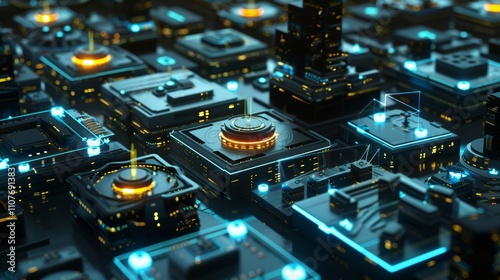 Secure Tomorrow HighTech Gated Community with Futuristic Surveillance and Illuminated Safety Features