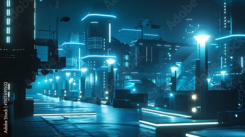 Secure Tomorrow HighTech Gated Community with Futuristic Surveillance and Illuminated Safety Features