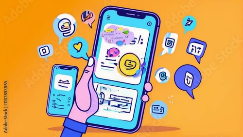 A colorful illustration of smartphones displaying social media and messaging apps.
