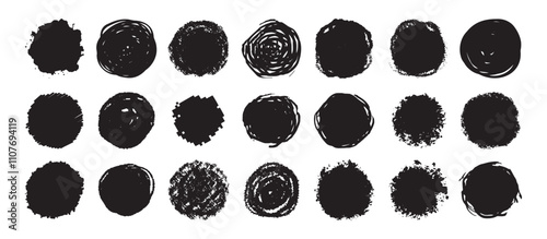 Round grunge scratch and textured ink brush strokes set. isolated vector black Collection. Dirty expressive hand drawn inky stains and blobs
