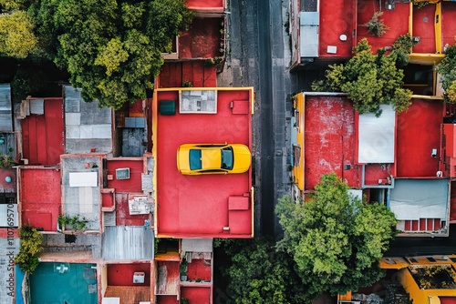 As the sun sets, a bird's-eye view reveals the middle-class houses, roads, and cars in the Contadero section of Cuajimalpa de Morelos, located on the fringes of Mexico City. photo