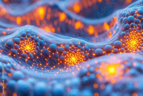 Bonding structure of materials science are relying on knowledge from physics chemistry biology and geology. Abstract digital landscape with glowing particles