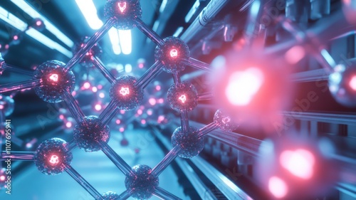 Bonding structure of materials science are relying on knowledge from physics chemistry biology and geology. Abstract molecular structure with glowing nodes