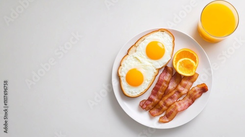 A delicious breakfast plate featuring sunny-side-up eggs, crispy bacon, and fresh orange slices, complemented by a glass of orange juice. photo