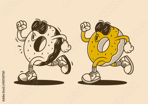 Donut, make the world go round. Retro mascot character of donut in running pose, with two different colo