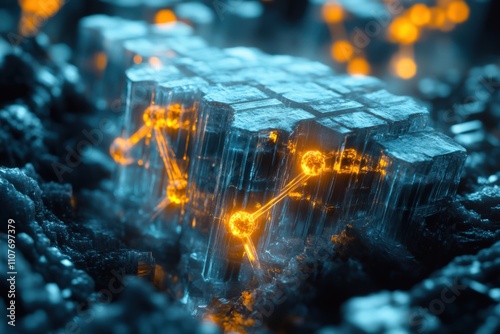 Bonding structure of materials science are relying on knowledge from physics chemistry biology and geology. Digital abstract with glowing structures and connections