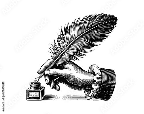 hand holding quill feather pen engraving black and white outline