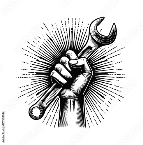 hand holding wrench engraving black and white outline