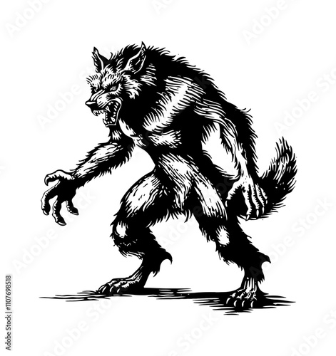 Werewolf engraving black and white outline