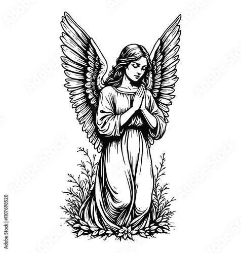 woman angel engraving black and white outline