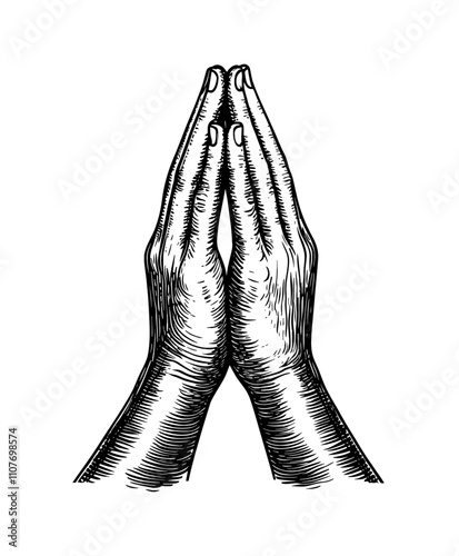 hand pray gesture engraving black and white outline