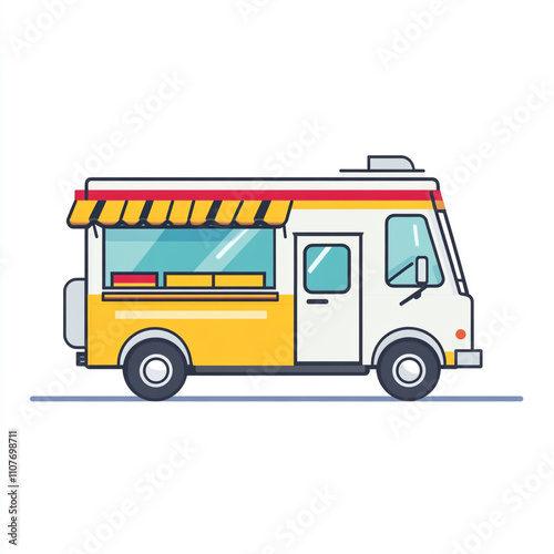An icon style illustration of a food truck with striped awning. The truck is isolated on a white background. 