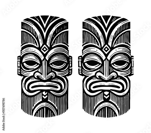 traditional Hawaiian tribal tiki engraving black and white outline